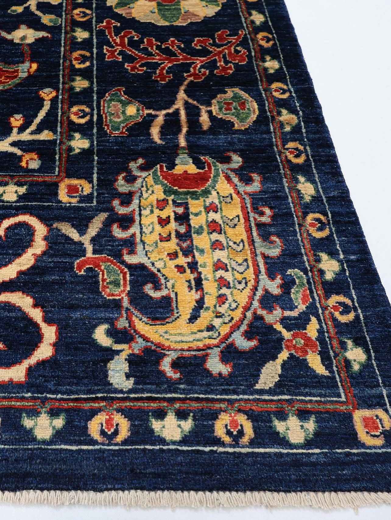 Hand Knotted Navy Blue Oriental Wool Rug – Traditional Floral & Paisley Area Rug