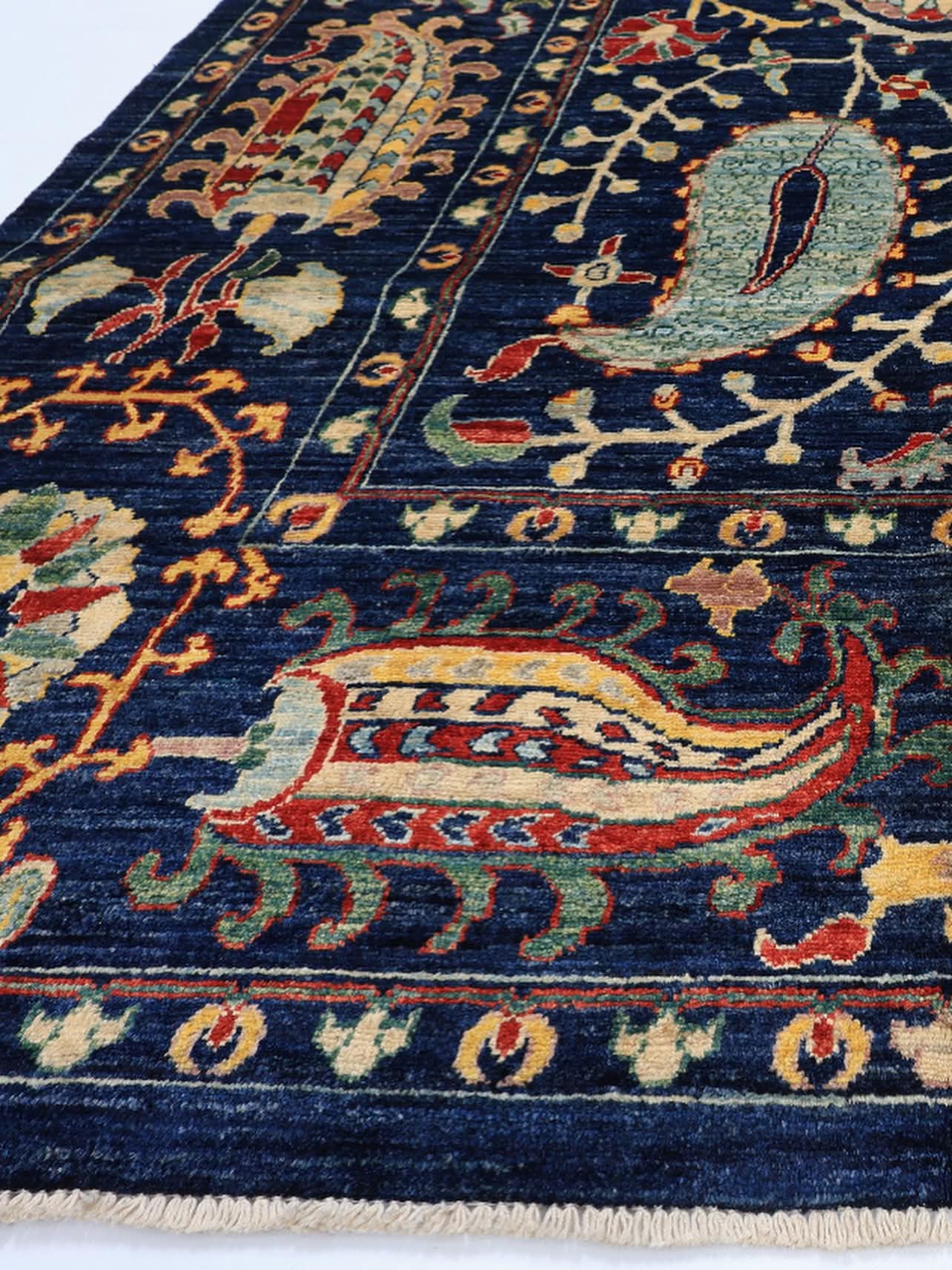 Hand Knotted Navy Blue Oriental Wool Rug – Traditional Floral & Paisley Area Rug