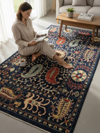 Hand Knotted Navy Blue Oriental Wool Rug – Traditional Floral & Paisley Area Rug