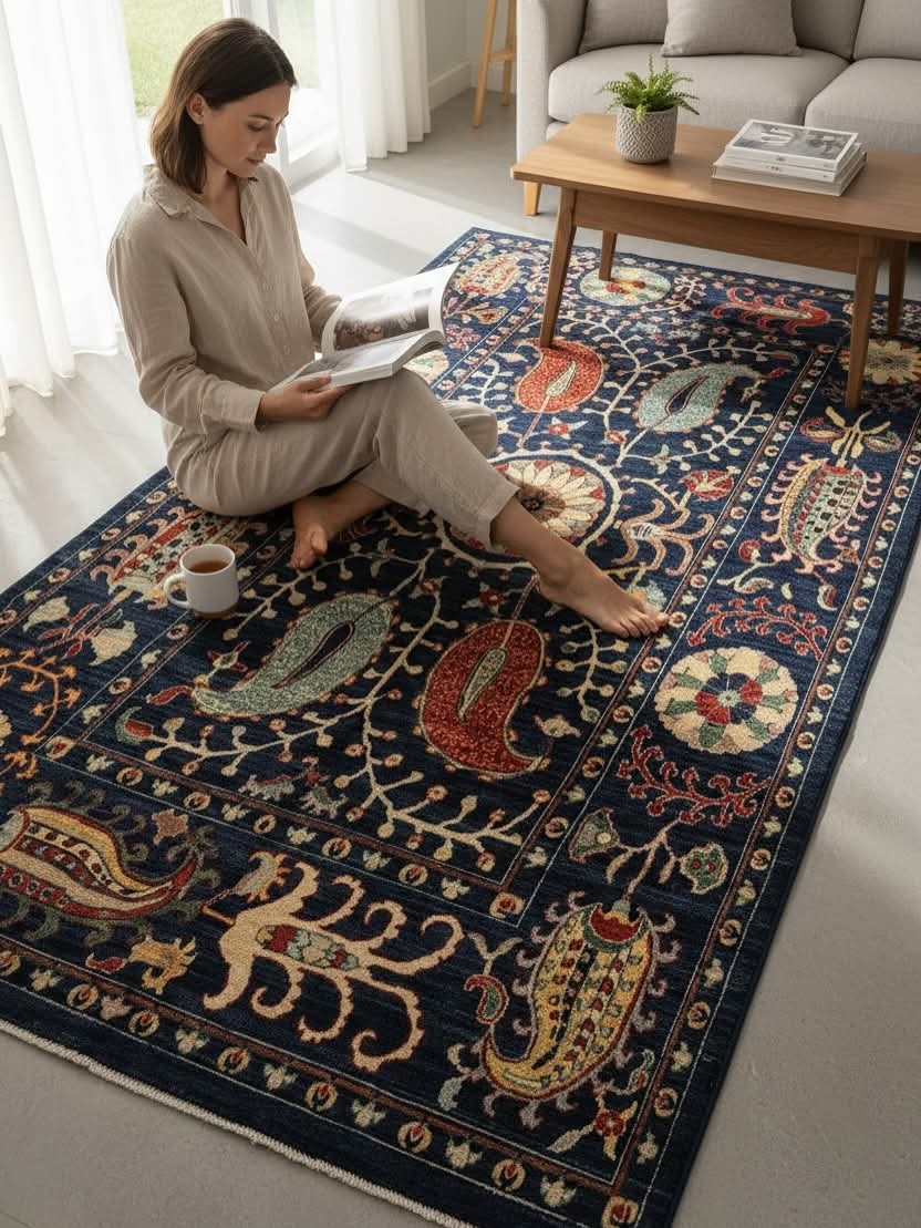 Hand Knotted Navy Blue Oriental Wool Rug – Traditional Floral & Paisley Area Rug