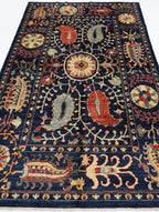 Hand Knotted Navy Blue Oriental Wool Rug – Traditional Floral & Paisley Area Rug