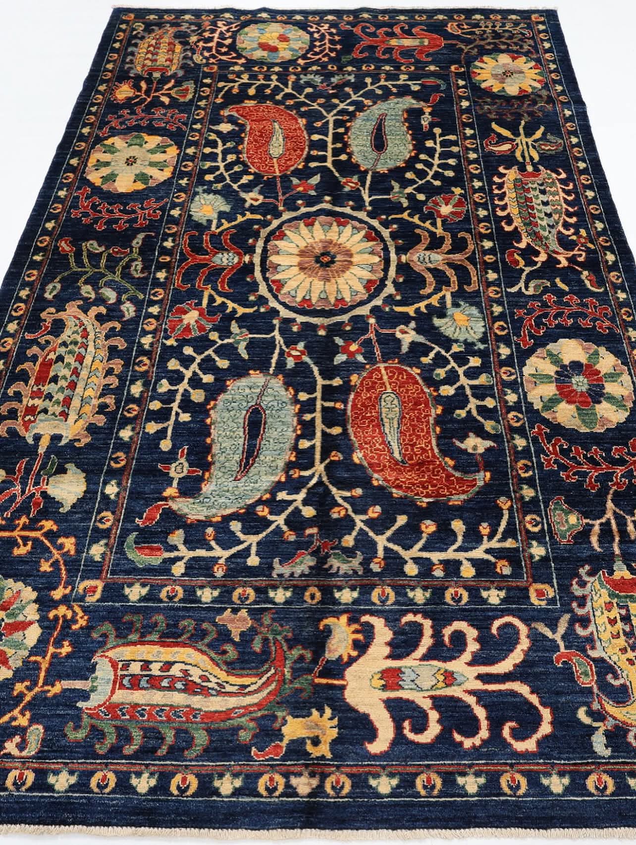 Hand Knotted Navy Blue Oriental Wool Rug – Traditional Floral & Paisley Area Rug