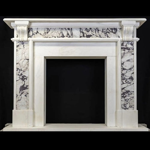 Hand-carved white marble fireplace mantel with scroll-leg brackets