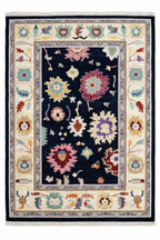 Hand Knotted navy blue floral oushak wool Rug – Traditional Floral Area Rug