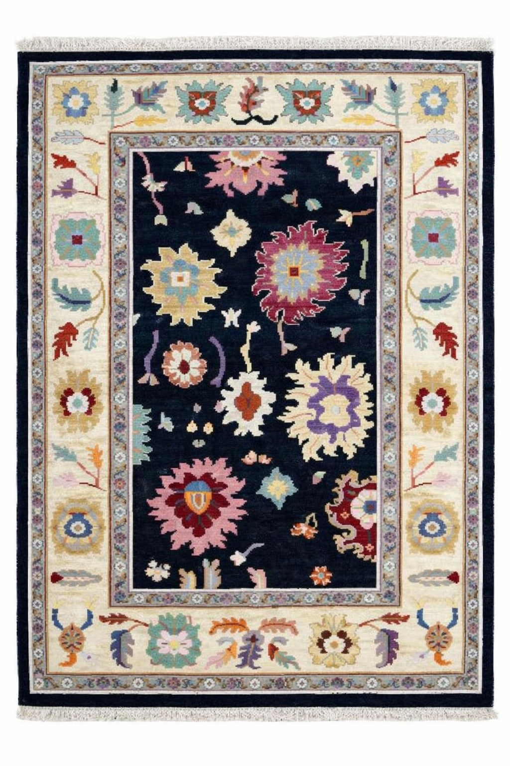 Hand Knotted navy blue floral oushak wool Rug – Traditional Floral Area Rug