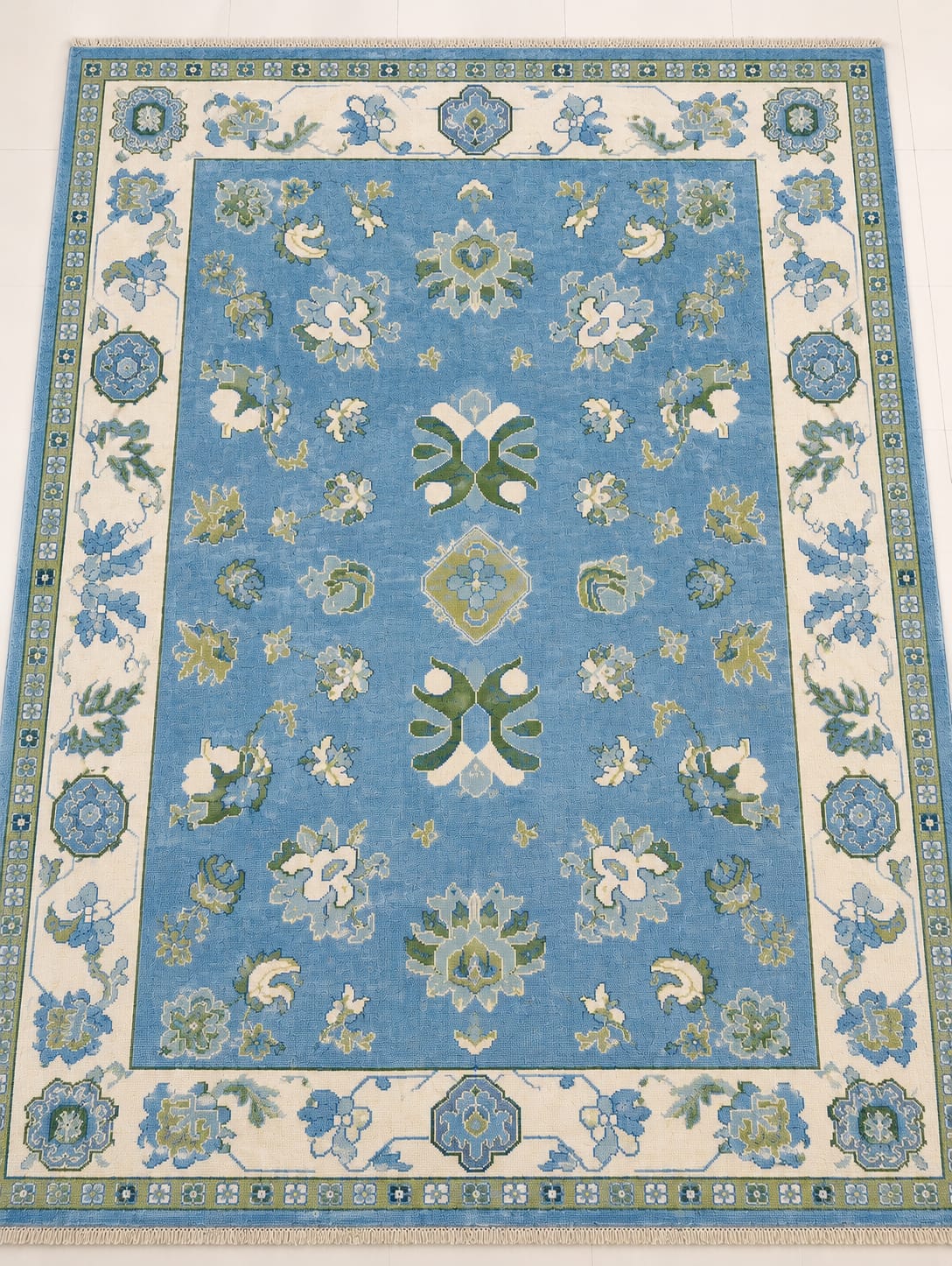Hand Knotted light blue floral oushak wool Rug – Traditional Floral Area Rug