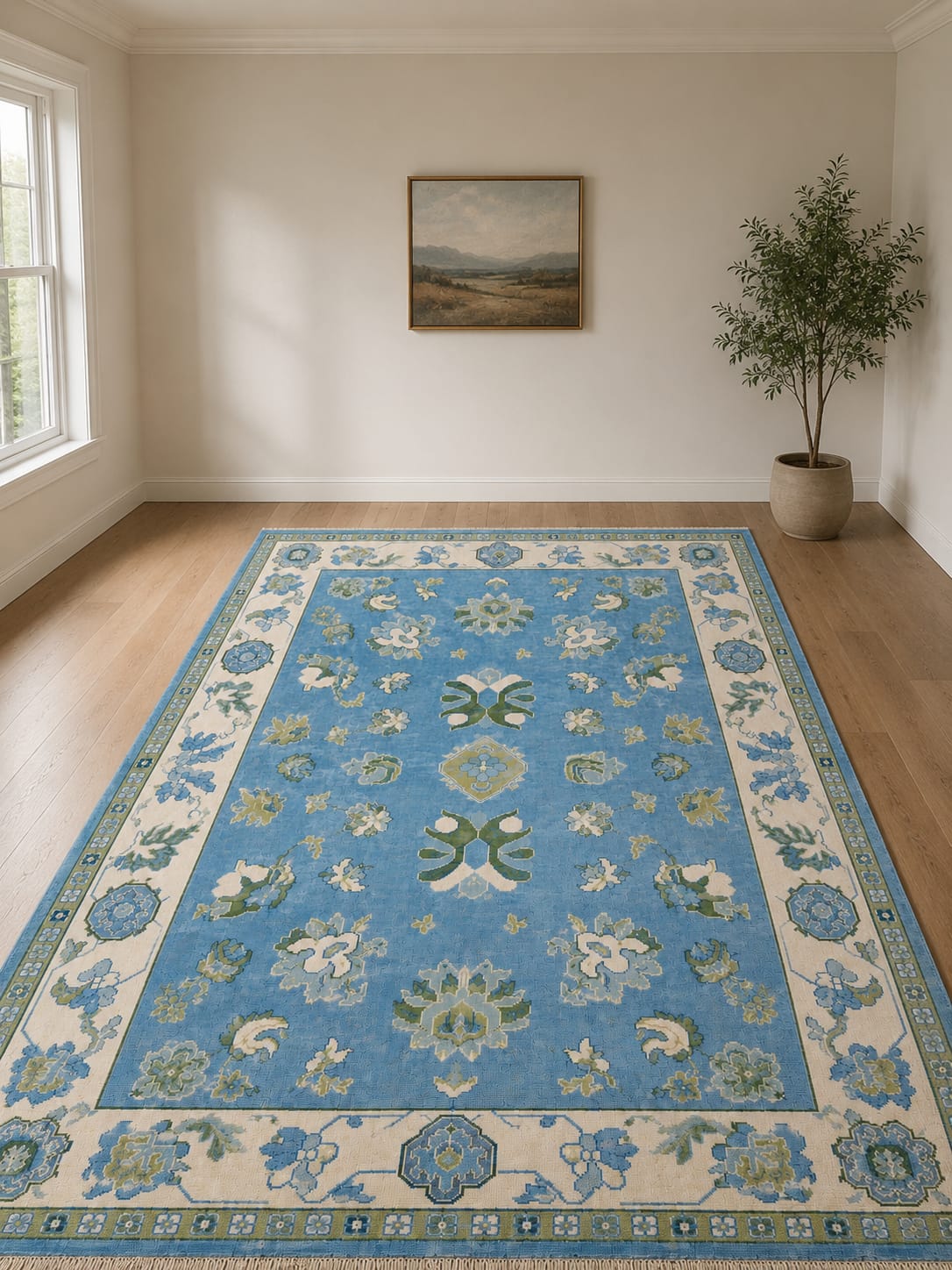 Hand Knotted light blue floral oushak wool Rug – Traditional Floral Area Rug