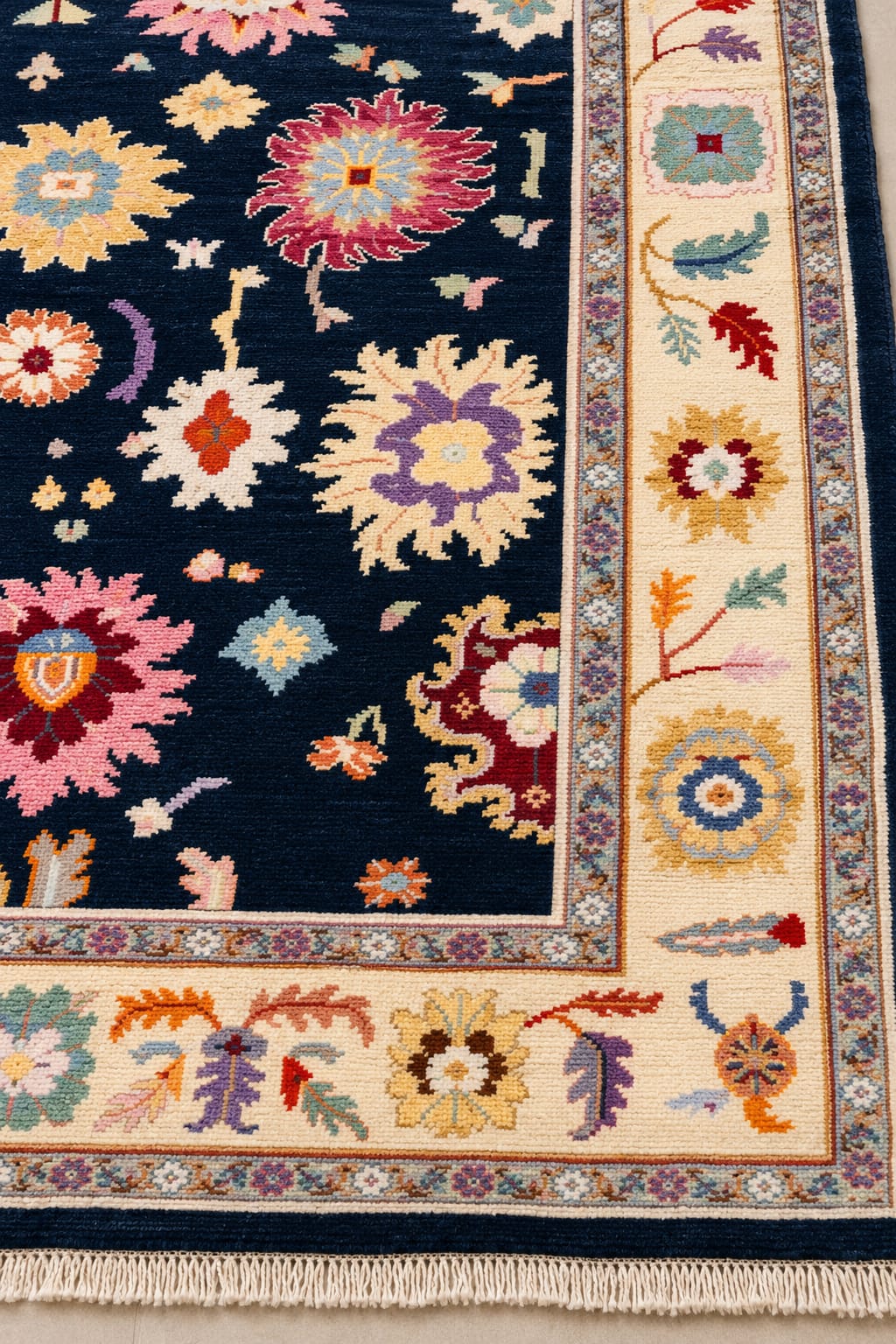 Hand Knotted navy blue floral oushak wool Rug – Traditional Floral Area Rug