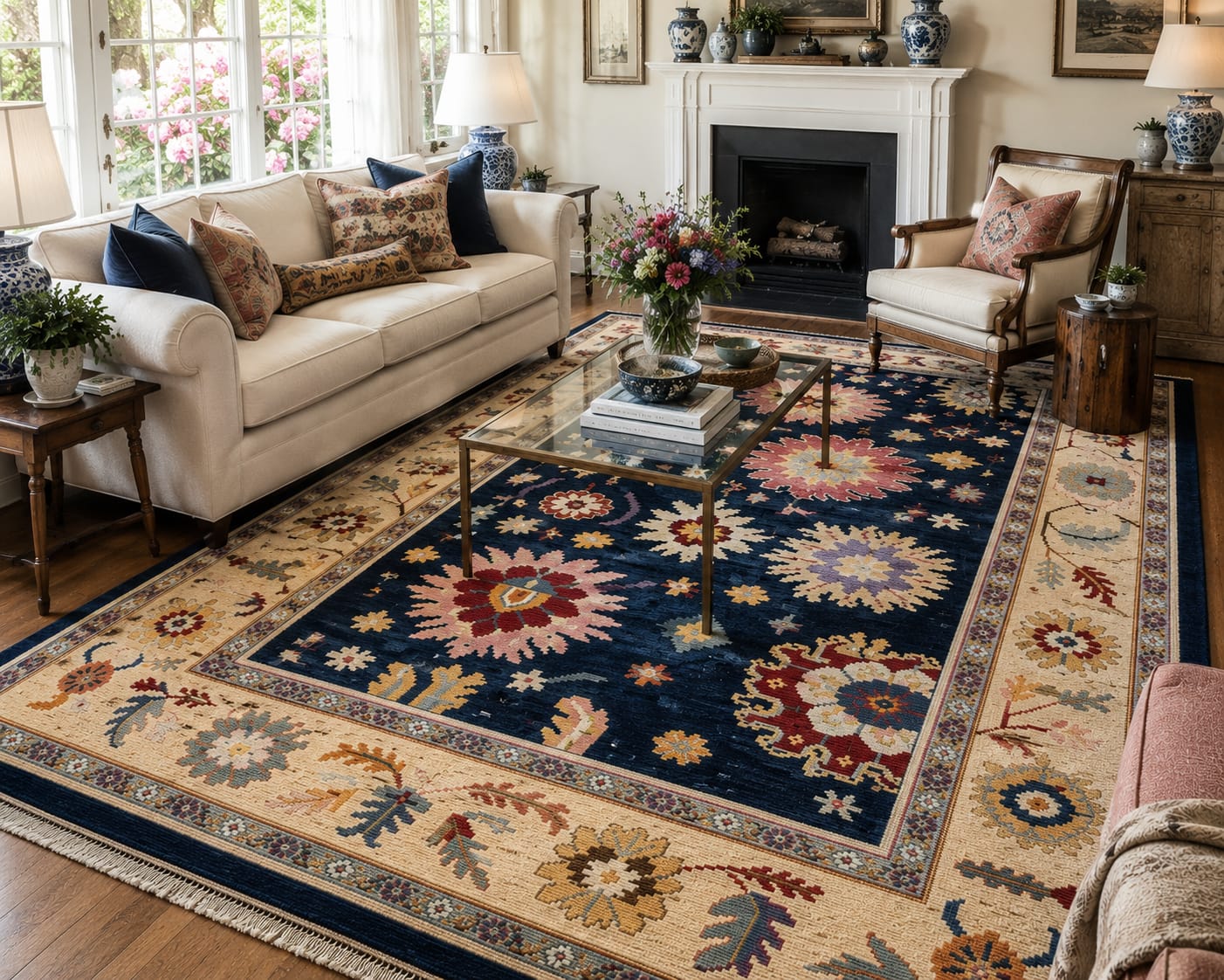 Hand Knotted navy blue floral oushak wool Rug – Traditional Floral Area Rug