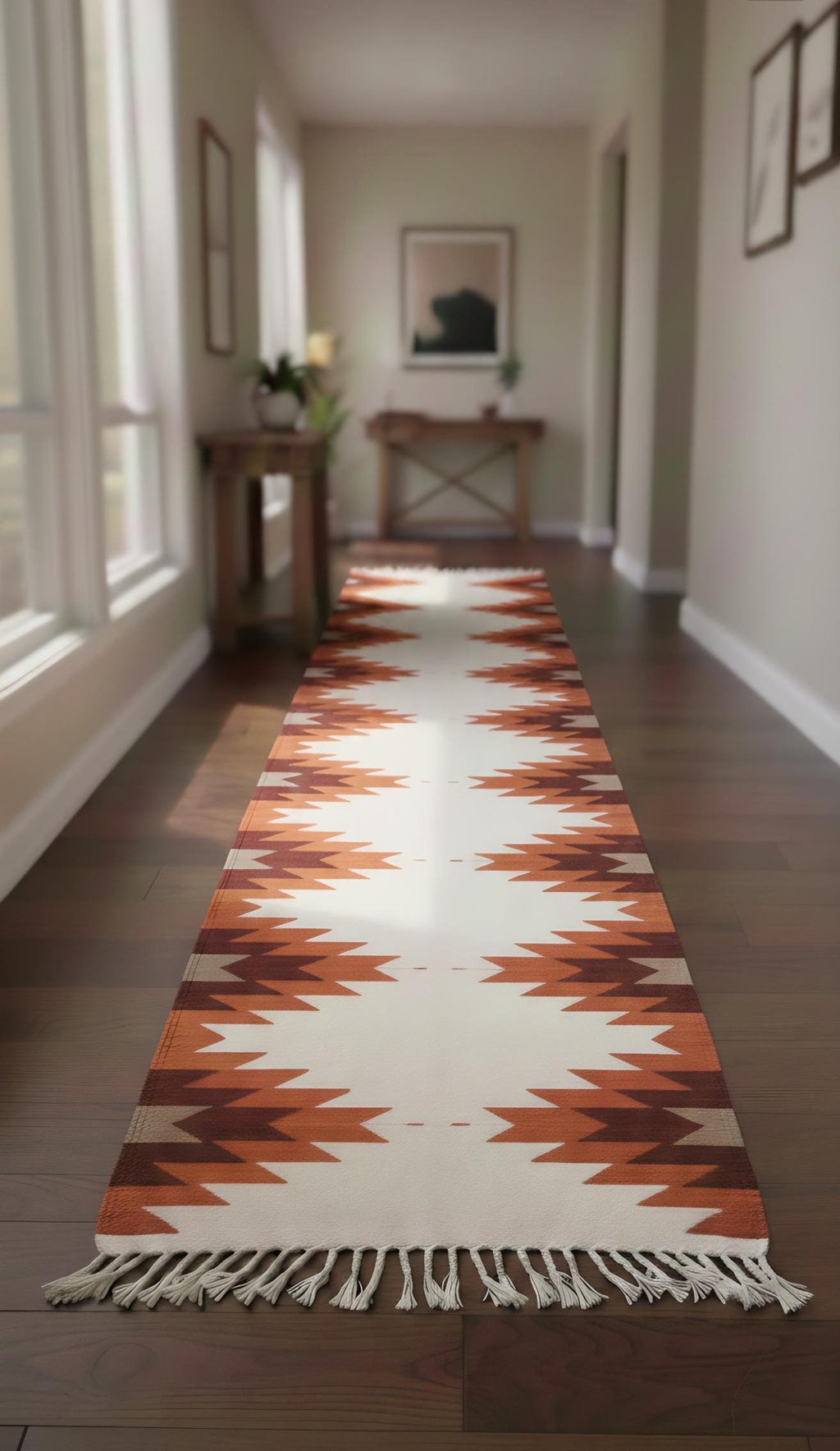 Brown Rust kilim Runner Rug | Handmade Staircase Rug| Tribal Kitchen Runner | Boho Corridor Rug | Wool Aztec Hallway Runner
