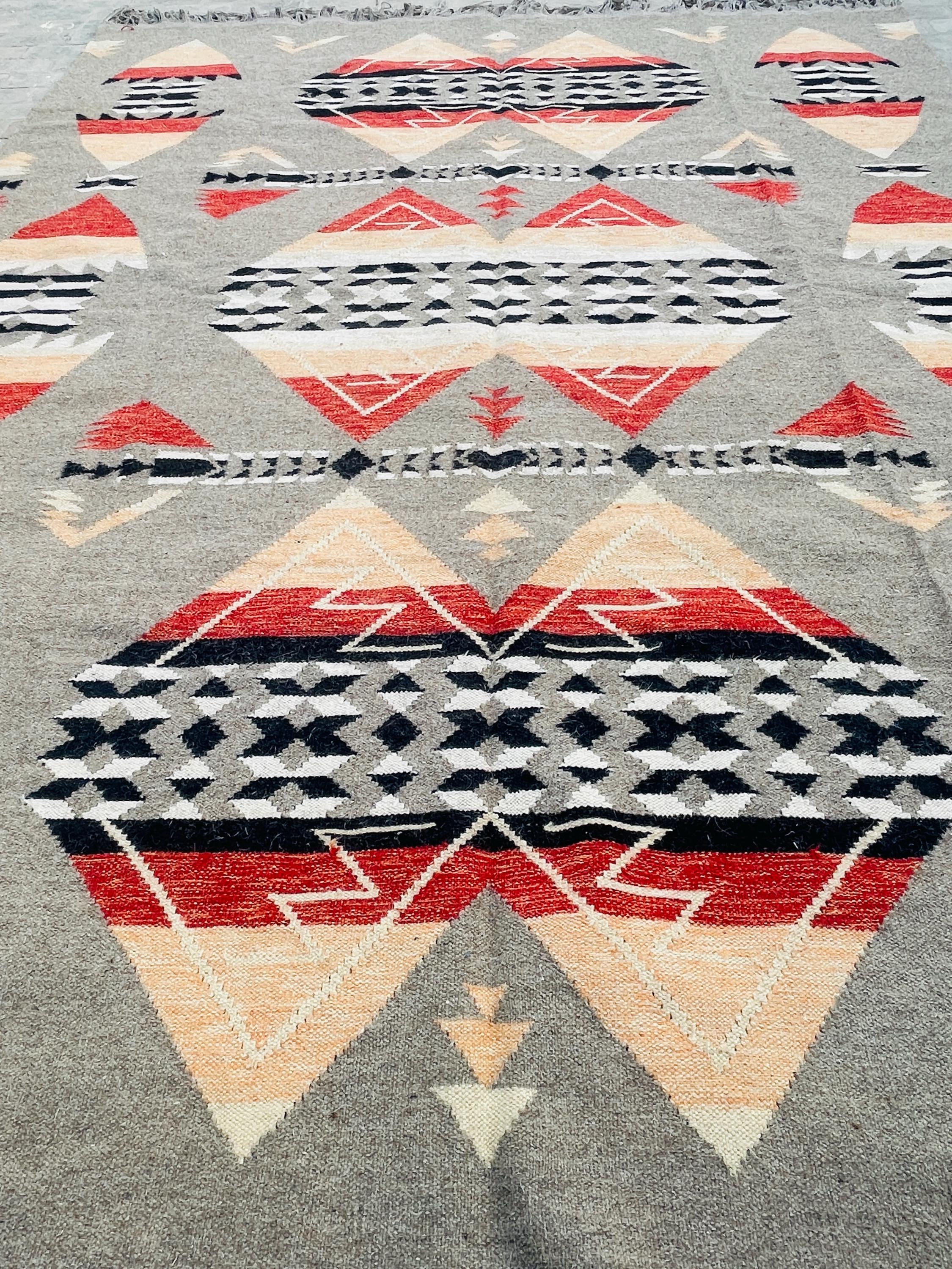 Beige and red  aztec wool  Rug, Southwestern Native American Style Rug-   wool are kilim, 8x10 grey rug,