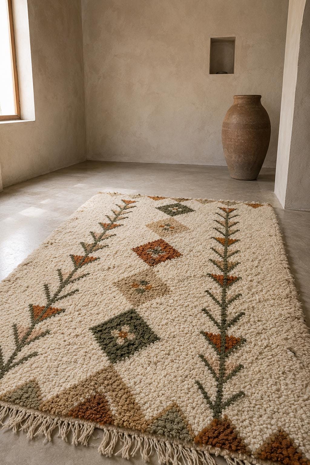 Ivory Earth Tones Azilal Berber Rug, Handmade Moroccan Wool Rug, Tribal Boho Area Rug, Plush Shag Bedroom Carpet, Custom Artisan Rug