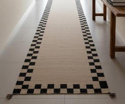 beige Scandinavian Wool Runner Rug – Minimal Geometric Kilim Carpet for Hallway, Corridor & Entryway,