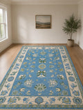blue Hand Knotted oushak rug, floral woolen rug, Traditional persian Style rug, blue carpet