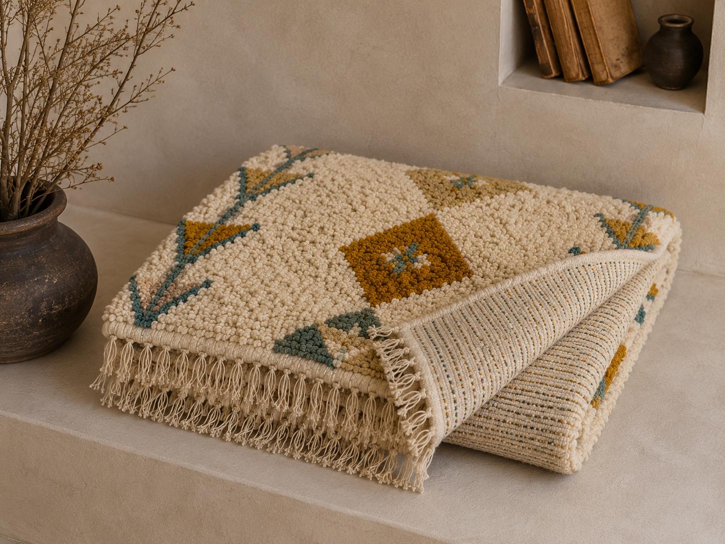 Moroccan Azilal Rug,  ivory Beni Ourain Style, Colorful Tribal Rug, 100% Wool Handmade Berber Carpet, Boho Bedroom Rug,