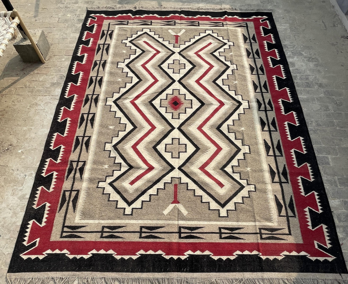 Handwoven Navajo Wool Rug – Southwestern Boho Tribal Pattern Design, Light Brown/Cognac & Red (9x12ft)