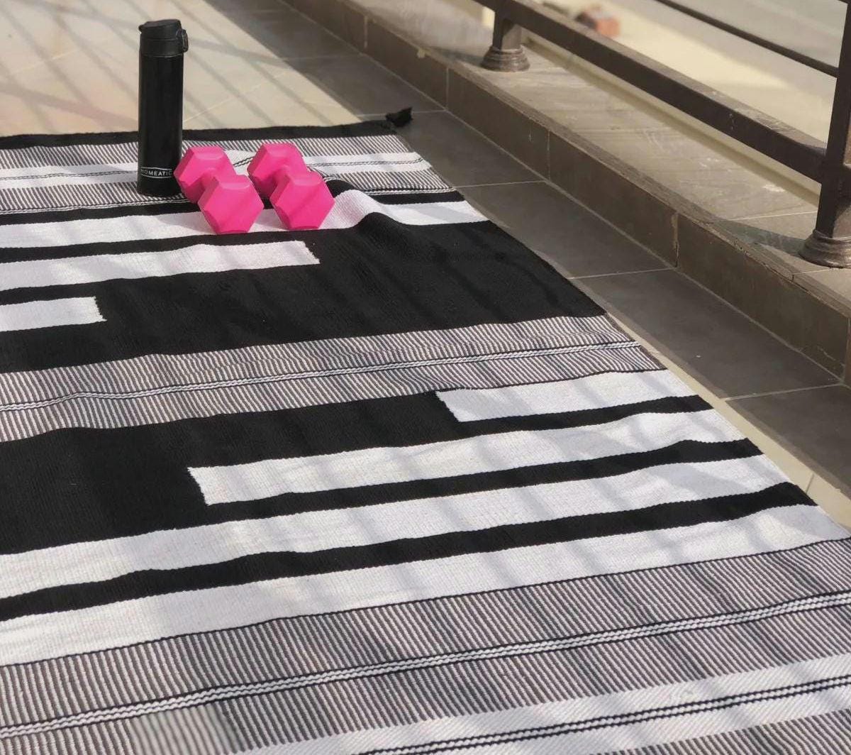 Handwoven Black and White Kilim Rug: Boho Throw, Cotton Accent