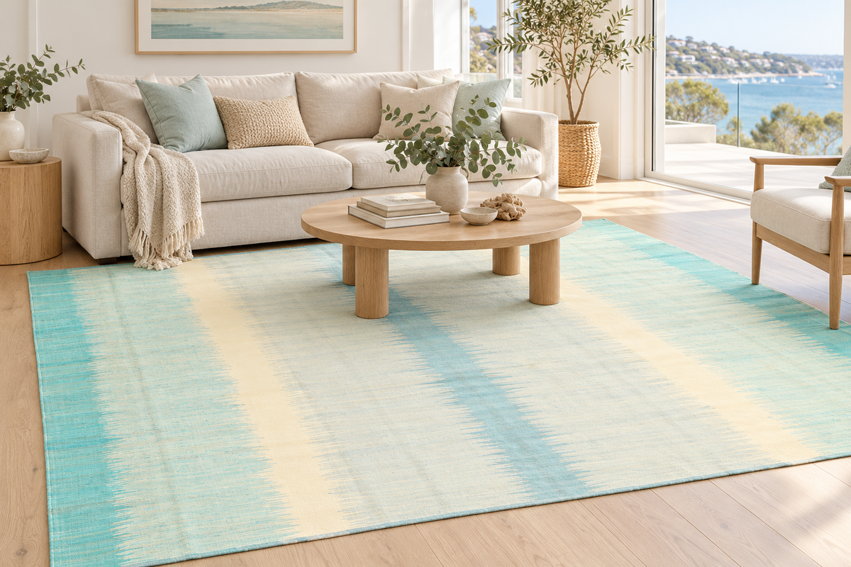 Aqua blue and ivory coastal handmade wool kilim rug in an Australian living room