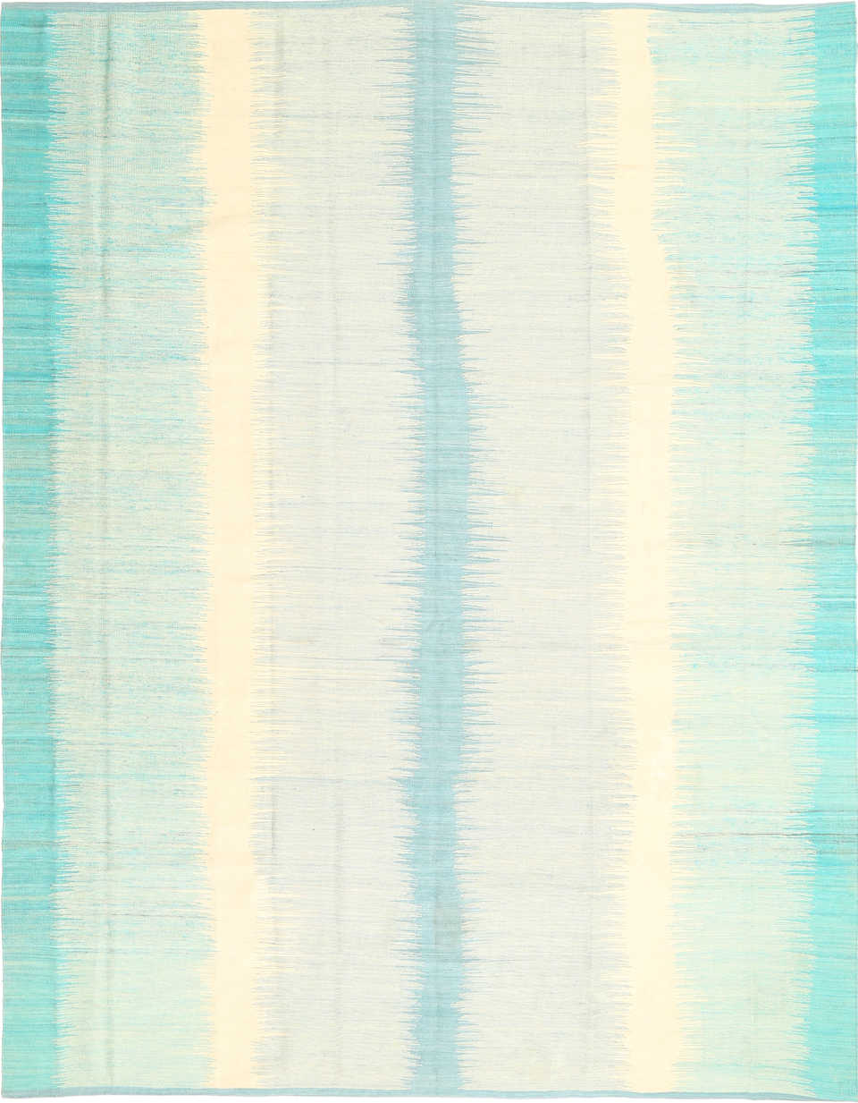 Aqua blue and ivory coastal wool kilim rug, full view