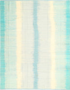 Aqua blue and ivory coastal wool kilim rug, full view