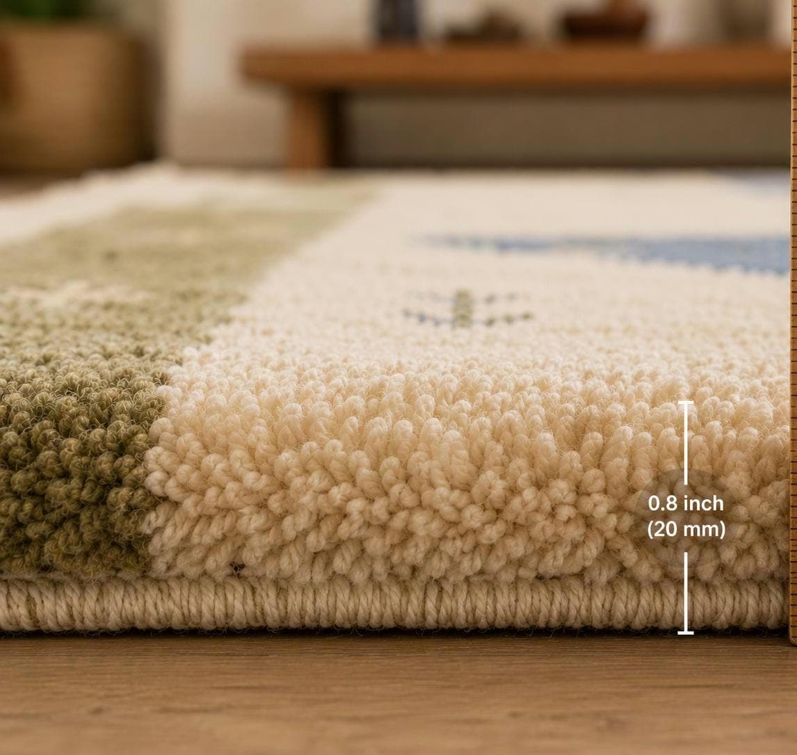 Hand-Knotted Gabbeh Wool Rug – Scandinavian Minimalist Plush Pile Design, Ivory, Cream, Blue & Sage Green