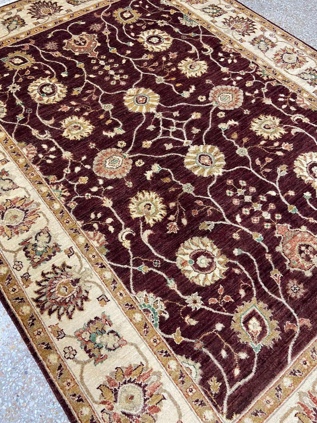 Hand Knotted Wool Ziegler Chobi Rug, Burgundy Floral Traditional Oriental Carpet, wine and beige carpet
