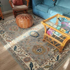 Grey Hand Knotted wool rug, floral oushak rug, Traditional neutral  rug, grey blue modern living room area carpet