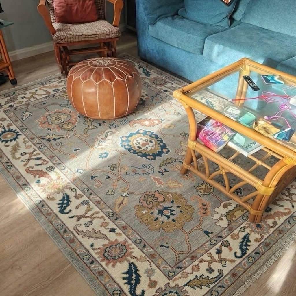 Grey Hand Knotted wool rug, floral oushak rug, Traditional neutral  rug, grey blue modern living room area carpet