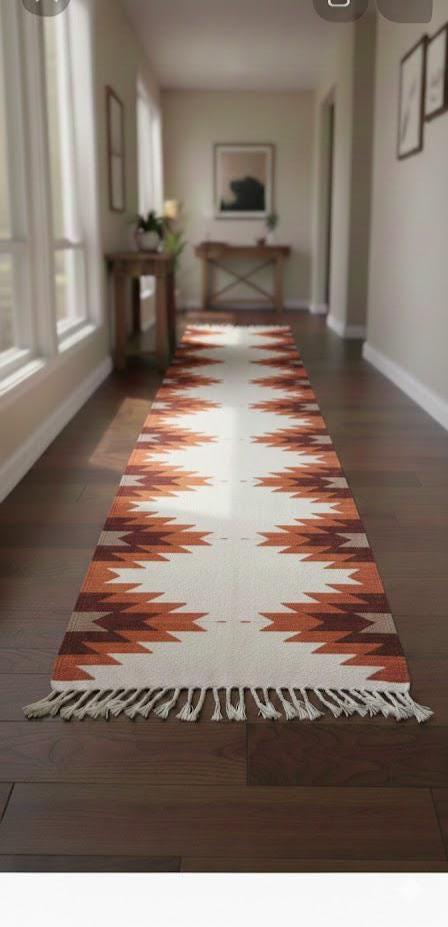 Brown Rust kilim Runner Rug | Handmade Staircase Rug| Tribal Kitchen Runner | Boho Corridor Rug | Wool Aztec Hallway Runner