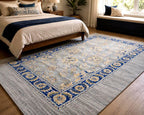 Hand Knotted Grey blue  Oushak Rug, Blue Border Wool Rug, Vintage Floral Area Rug, Neutral Handmade Living Room Carpet