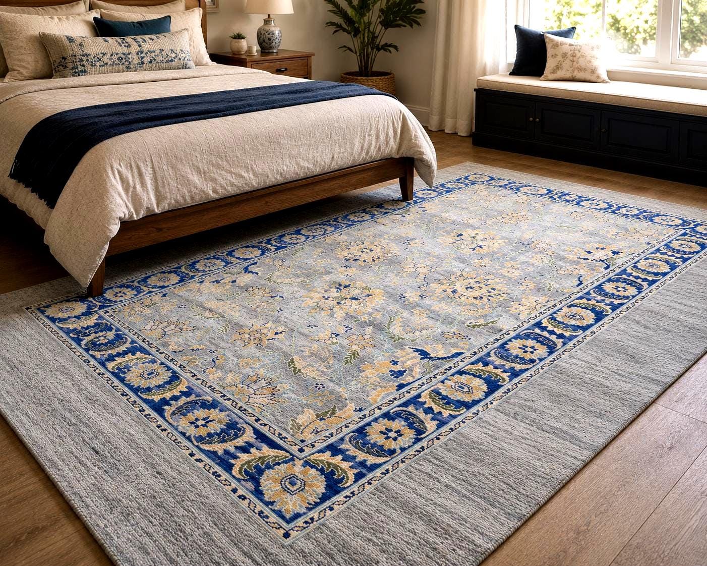 Hand Knotted Grey blue  Oushak Rug, Blue Border Wool Rug, Vintage Floral Area Rug, Neutral Handmade Living Room Carpet
