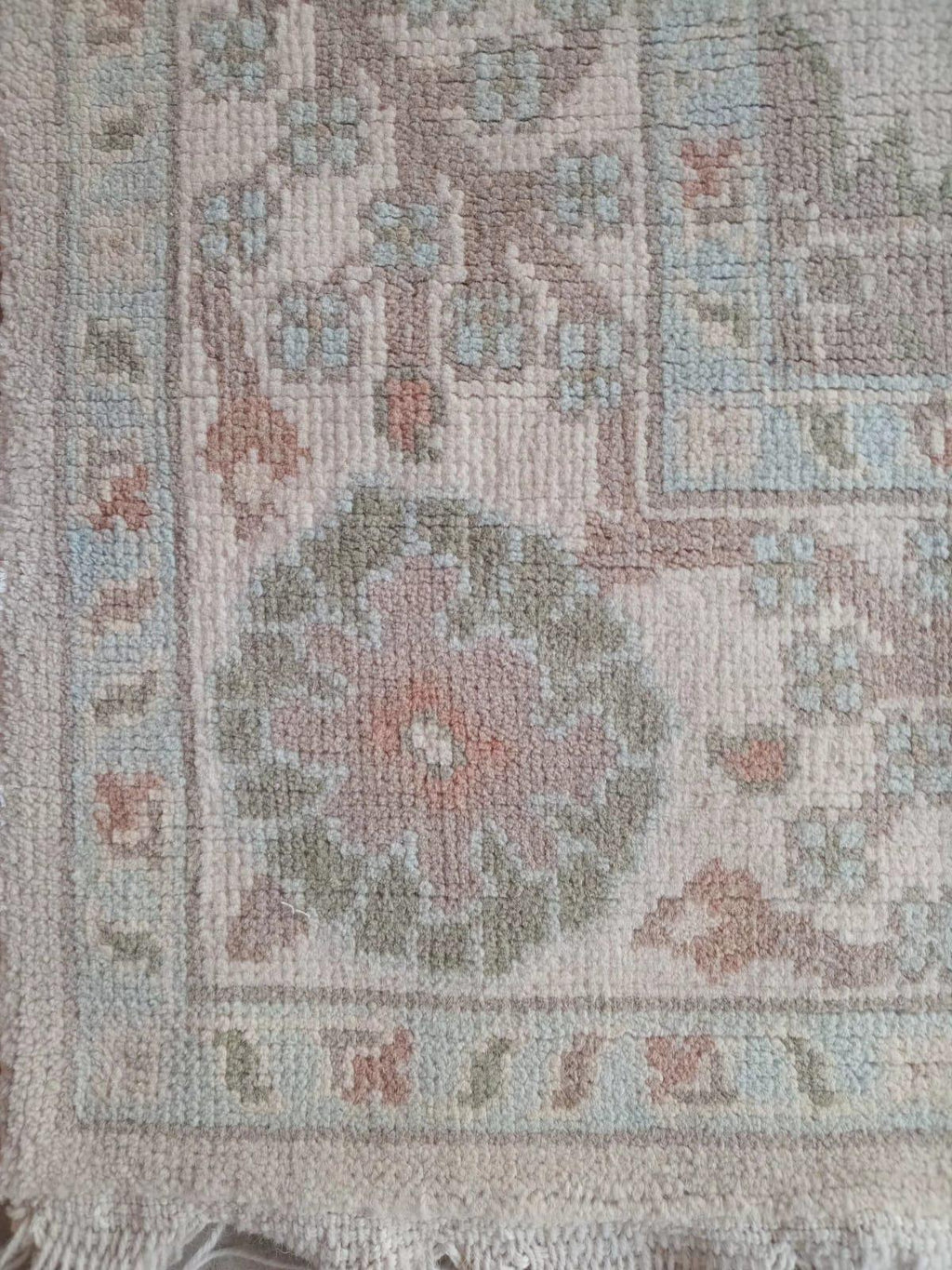 Vintage Pastel Oushak Rug 7x9ft – Handmade Turkish Style Wool Rug,  – Soft Sage, Blush & Ivory Area Rug – Traditional Floral Oushak Carpet
