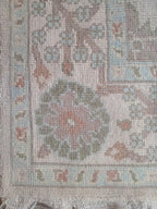 Vintage Pastel Oushak Rug 7x9ft – Handmade Turkish Style Wool Rug,  – Soft Sage, Blush & Ivory Area Rug – Traditional Floral Oushak Carpet