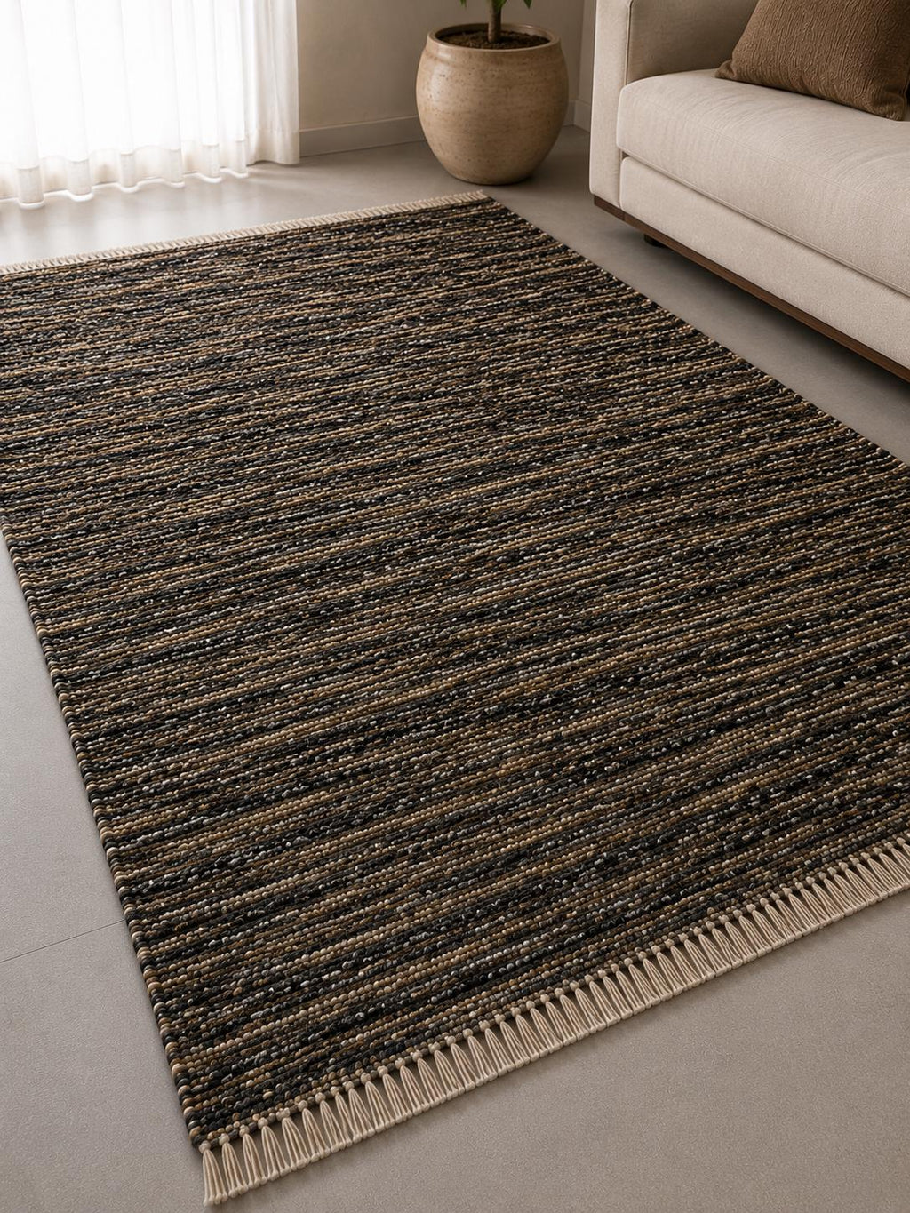Black Brown Wool Kilim Rug, Handloom wool Area Rug, Rustic Boho Wool Rug, Tribal Flatweave Bedroom Living Room Rug