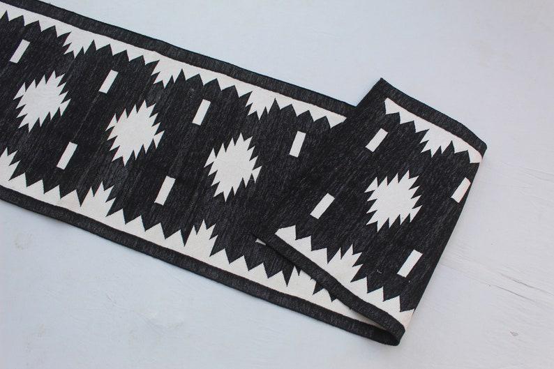 Southwestern  style Geometric Runner Rug, Black White Flatweave Cotton Hallway Kilim