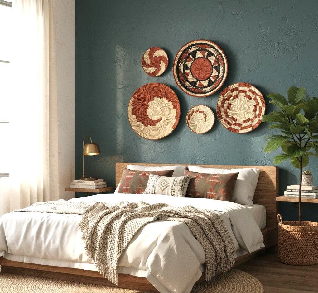 Handwoven Boho Wall Basket Set (5 Baskets) – Palm Leaf Wall Art, Neutral & Earthy Tones