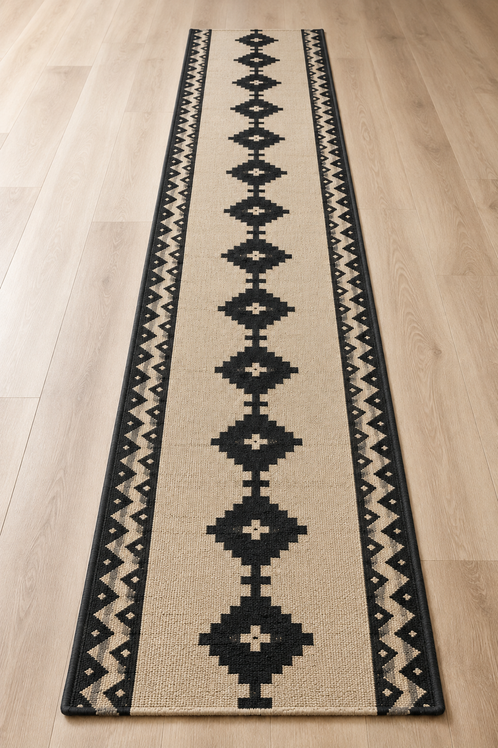 Full view of black and beige geometric handwoven wool kilim runner