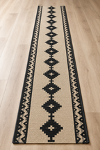 Full view of black and beige geometric handwoven wool kilim runner