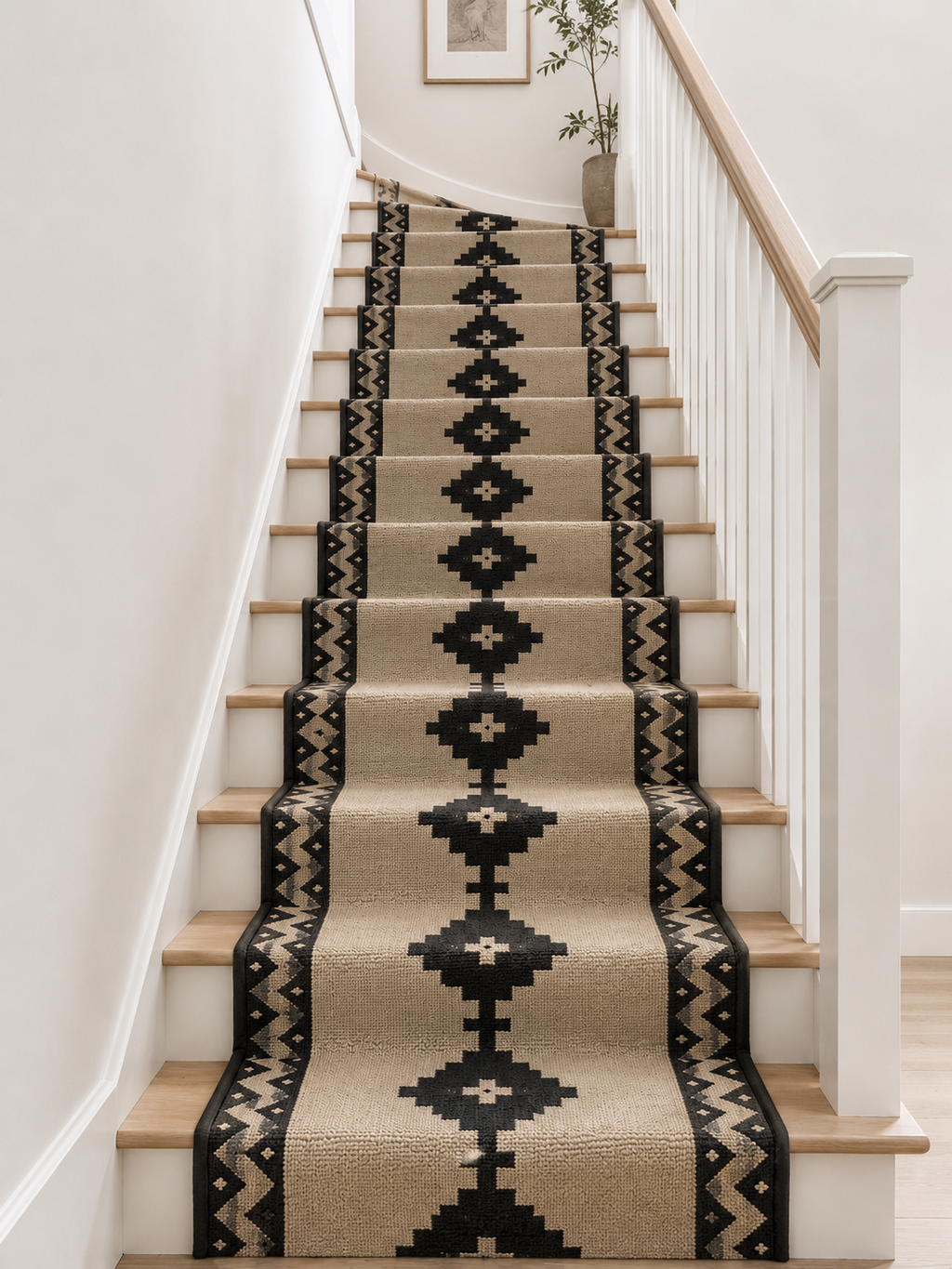 Black and beige geometric wool kilim runner installed on a staircase