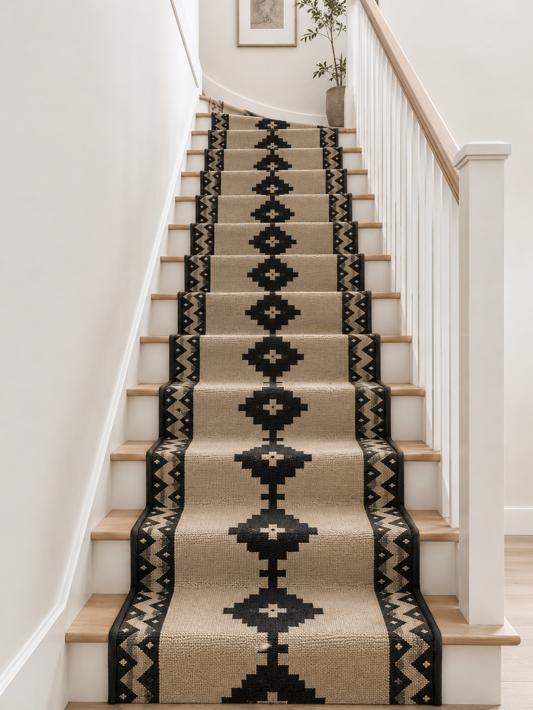 Black and beige geometric wool kilim runner installed on a staircase