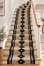 Black and beige tribal geometric wool runner on a curved staircase
