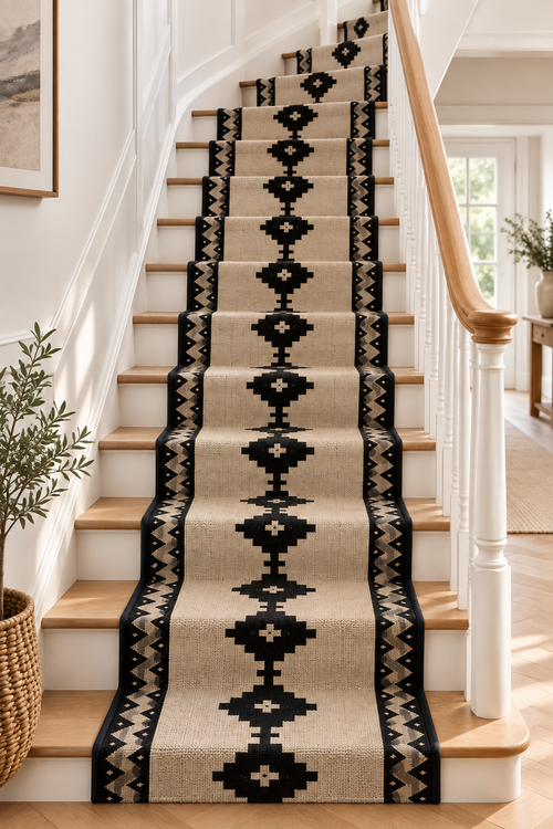 Black and beige tribal geometric wool runner on a curved staircase