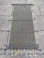 Black and ivory braided diamond wool kilim runner, full view