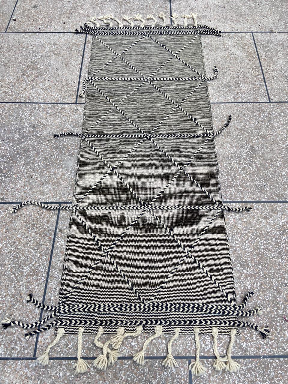 Black and ivory braided diamond wool kilim runner, full view