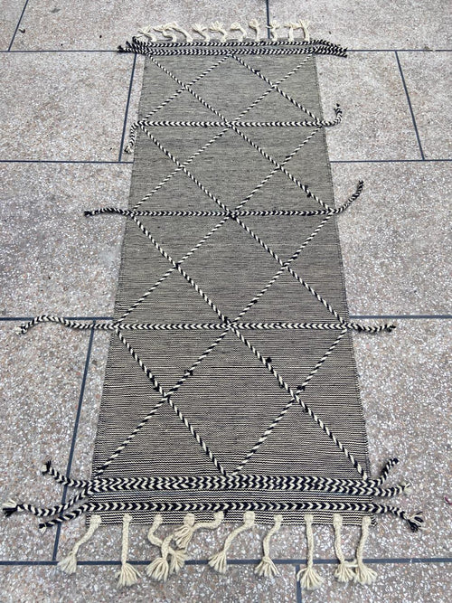 Black and ivory braided diamond wool kilim runner, full view