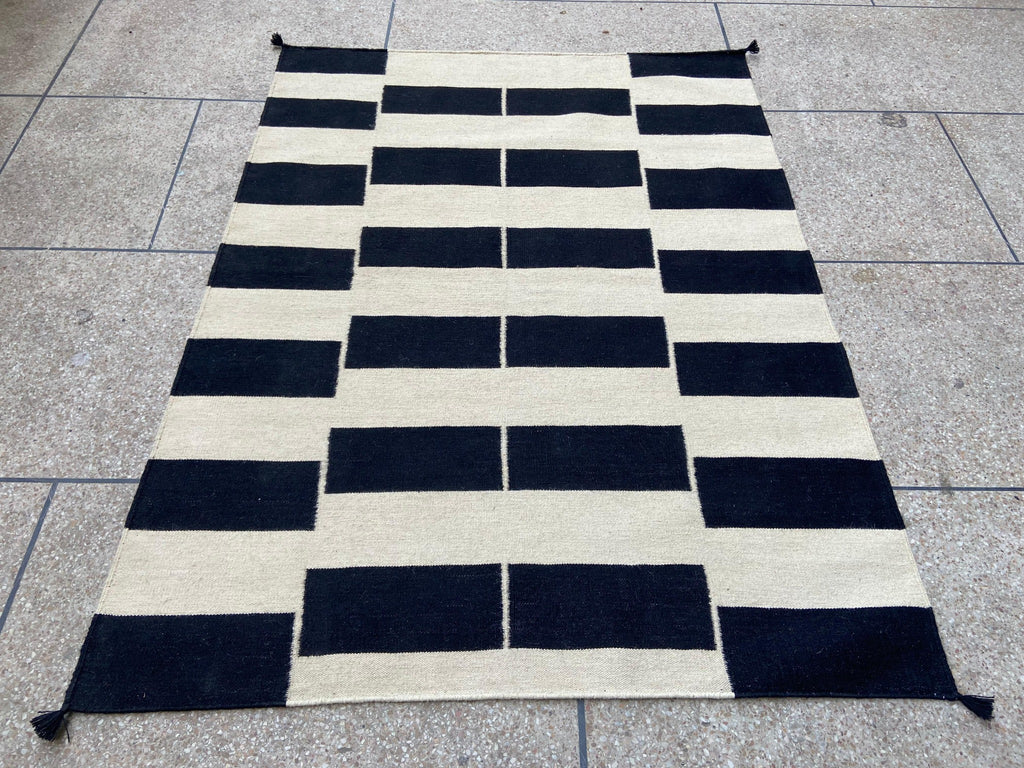 Black and ivory brick pattern handmade wool kilim rug
