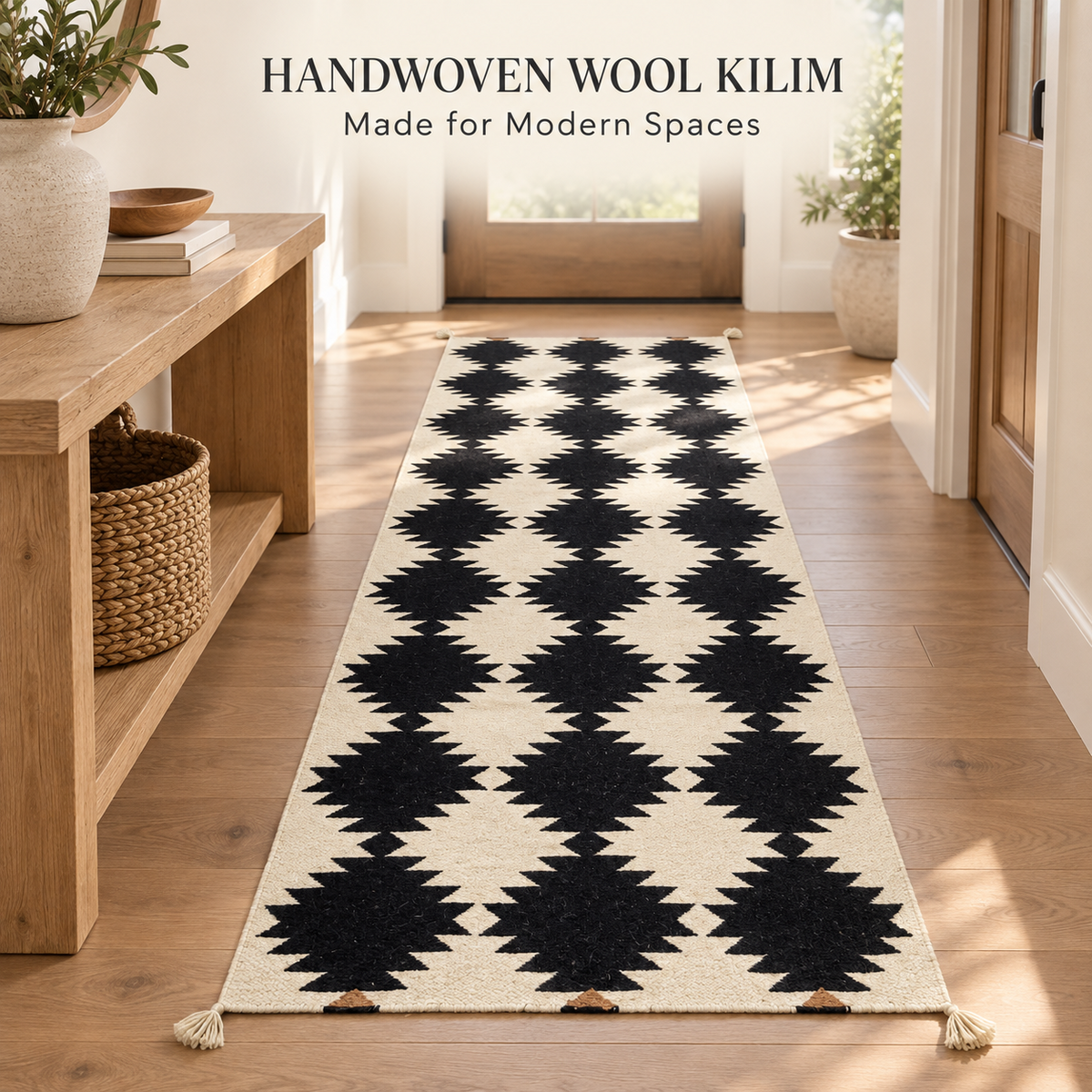 Black and ivory handwoven wool kilim runner in a modern hallway