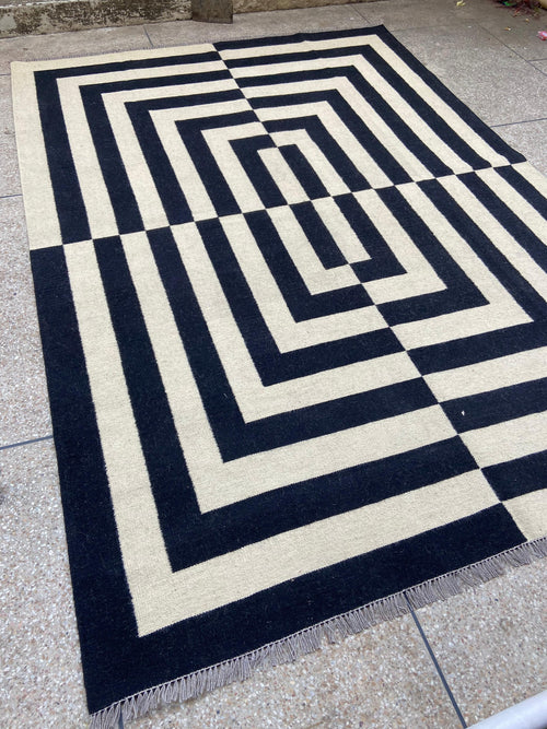 Black and ivory maze geometric wool kilim rug – view 2