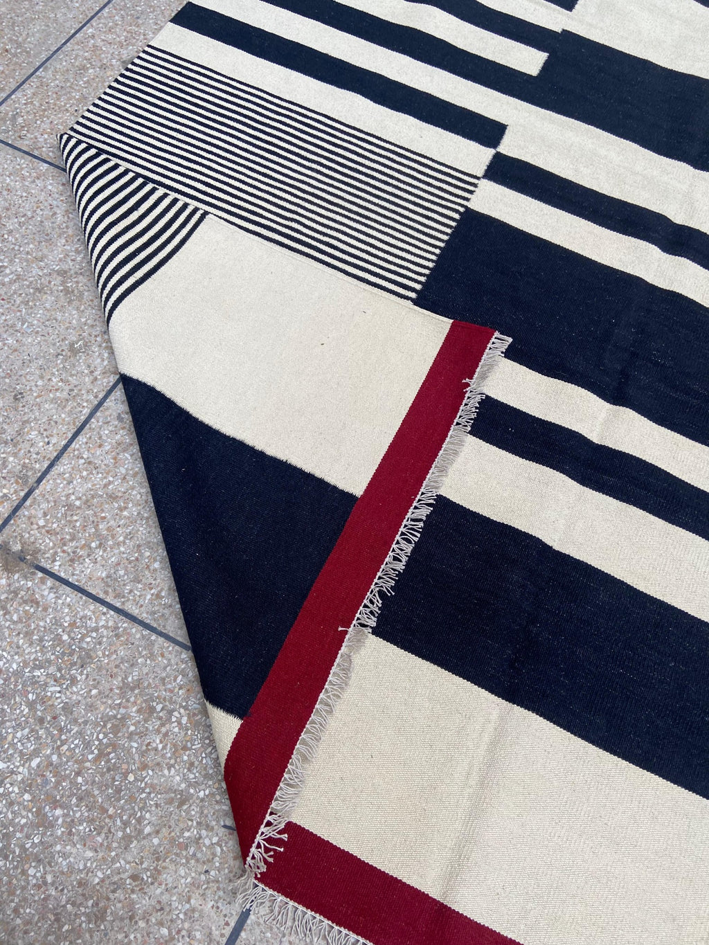 Black ivory and red abstract stripe handmade wool kilim rug