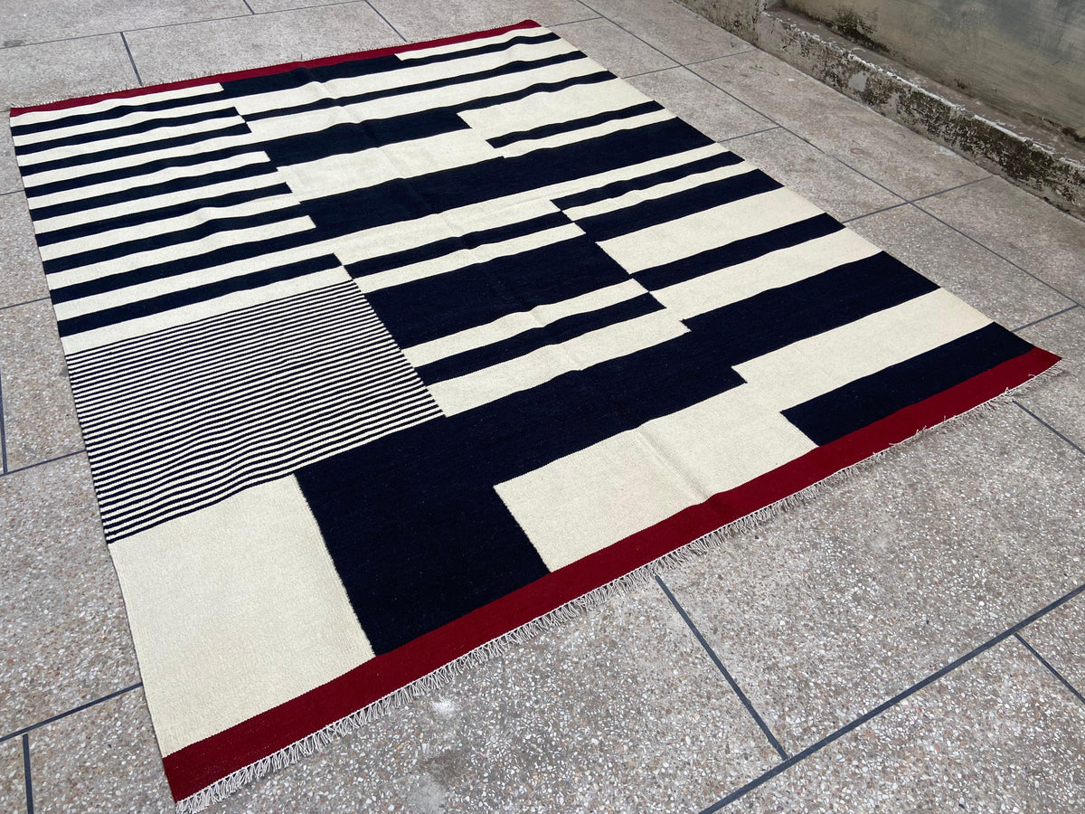 Black ivory and red abstract stripe handmade wool kilim rug – view 2